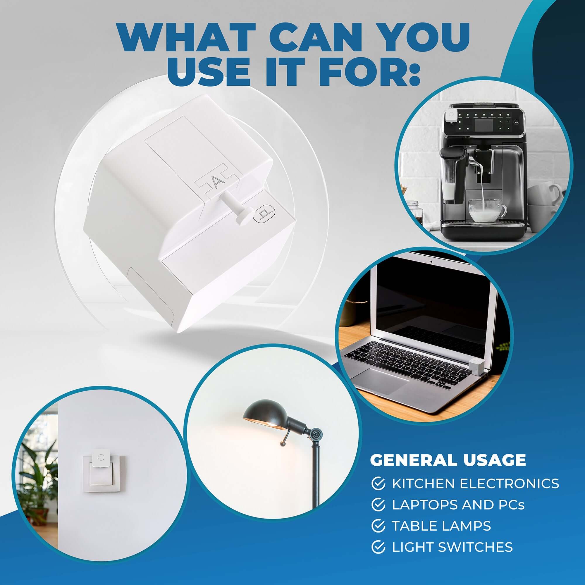 Bluetooth smart mini robot automates tasks for kitchen electronics, laptops, table lamps, and light switches.